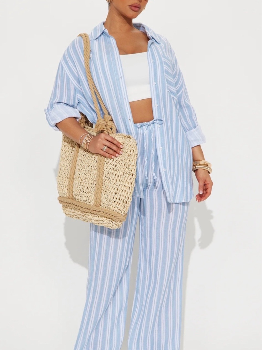 Fashion Nova Light Blue & White Striped Linen-Blend Relaxed Shirt and Pants